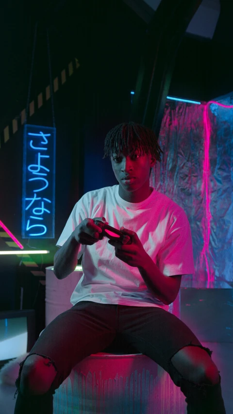 a man sitting on a bench using a cell phone, an album cover, inspired by Liam Wong, trending on pexels, gaming room in 2 0 4 0, playboi carti portrait, neon lighting medium full shot, holding controller