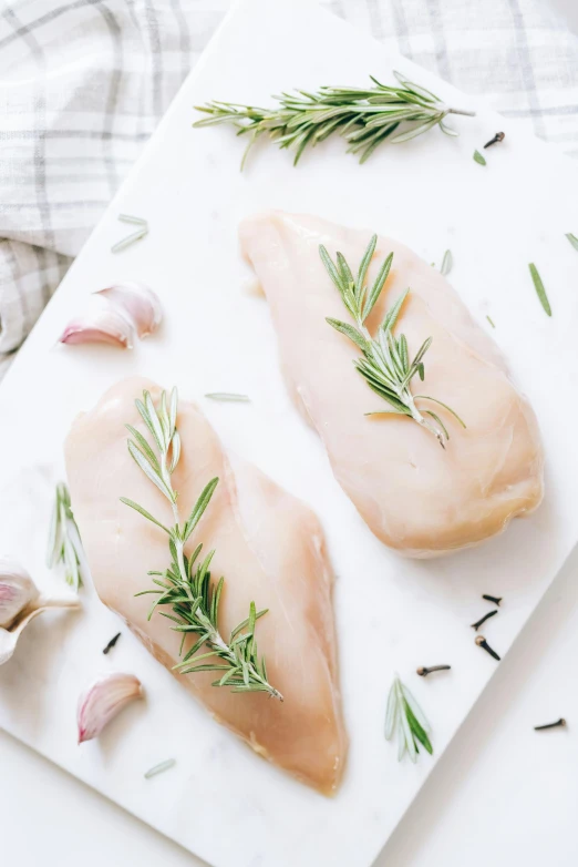 two raw chicken breasts with herbs and garlic on a cutting board, trending on pexels, renaissance, with sleek lines and a powerful, white bg, 6 pack, petite