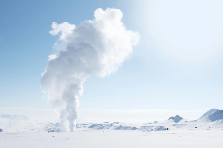 a group of people riding skis on top of a snow covered slope, inspired by Scarlett Hooft Graafland, pexels contest winner, process art, smoke columns, nuclear reactor, iceberg, thick white detailed smoke