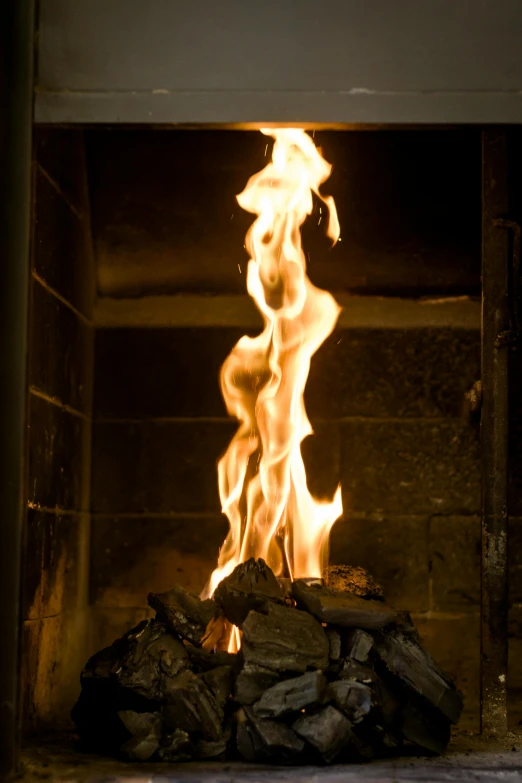 a close up of a fire in a fireplace, by David Simpson, lpoty, david kassan, professionally taken, tall
