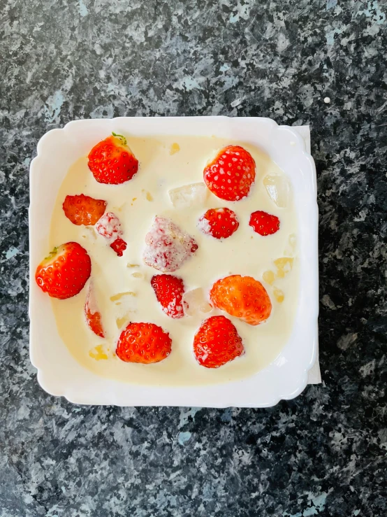 a bowl of yogurt with strawberries in it, by Matthias Stom, process art, square, low quality photo, flattened, thumbnail