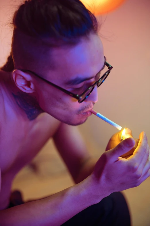 a shirtless man with a cigarette in his mouth, inspired by Jeremy Chong, featured on reddit, wearing gold glasses, smoking a bowl of hash together, profile image, multiple lights