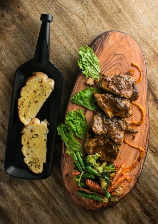 a wooden cutting board topped with meat and veggies, thumbnail, bizzaro, rustic, saddle up