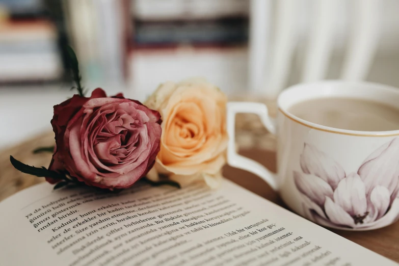 an open book sitting on top of a table next to a cup of coffee, pexels contest winner, romanticism, roses, avatar image, close-up photo, 90s photo