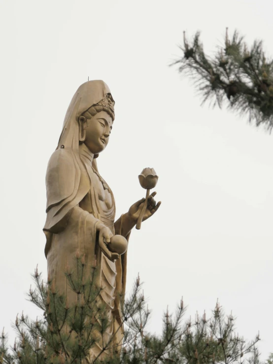 a statue of a woman holding a flower, a statue, inspired by Sesshū Tōyō, unsplash, sōsaku hanga, brown, overlooking, grey, high quality image”