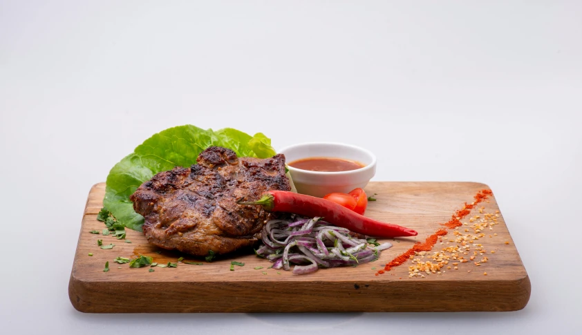 a wooden cutting board topped with meat and vegetables, monsoon, profile image, aketan, grill