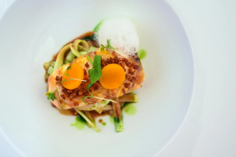 a close up of a plate of food on a table, inspired by Charles Le Roux, pexels contest winner, an egg, salmon khoshroo, ignant, organic lines