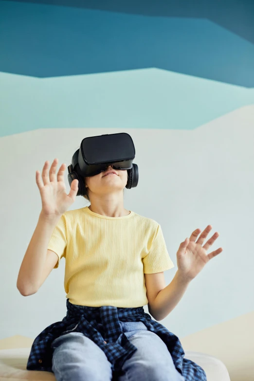 a little girl sitting on top of a bed wearing a vr headset, trending on pexels, interactive art, square, siggraph, teenager, 2. 5 - dimensional