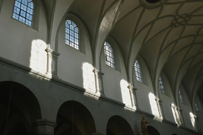 the sun shines through the windows of a church, inspired by Michelangelo Unterberger, unsplash contest winner, grey, bright daylight indoor photo, parce sepulto, marilyn church h