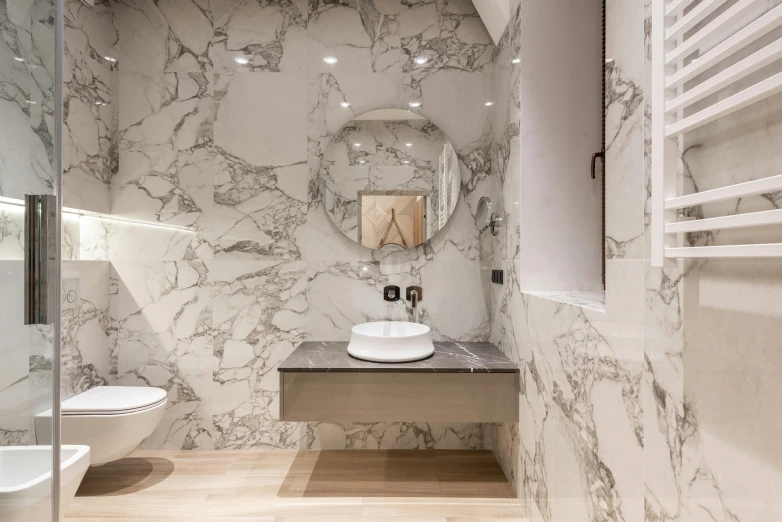 a bath room with a toilet a sink and a mirror, a marble sculpture, by Emma Andijewska, design only, circular, giuseppe, high-quality photo