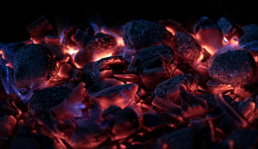 a pile of coal sitting on top of a grill, a digital rendering, by Adam Marczyński, pexels contest winner, red glowing veins, pbr textures, detail shots, camp fire