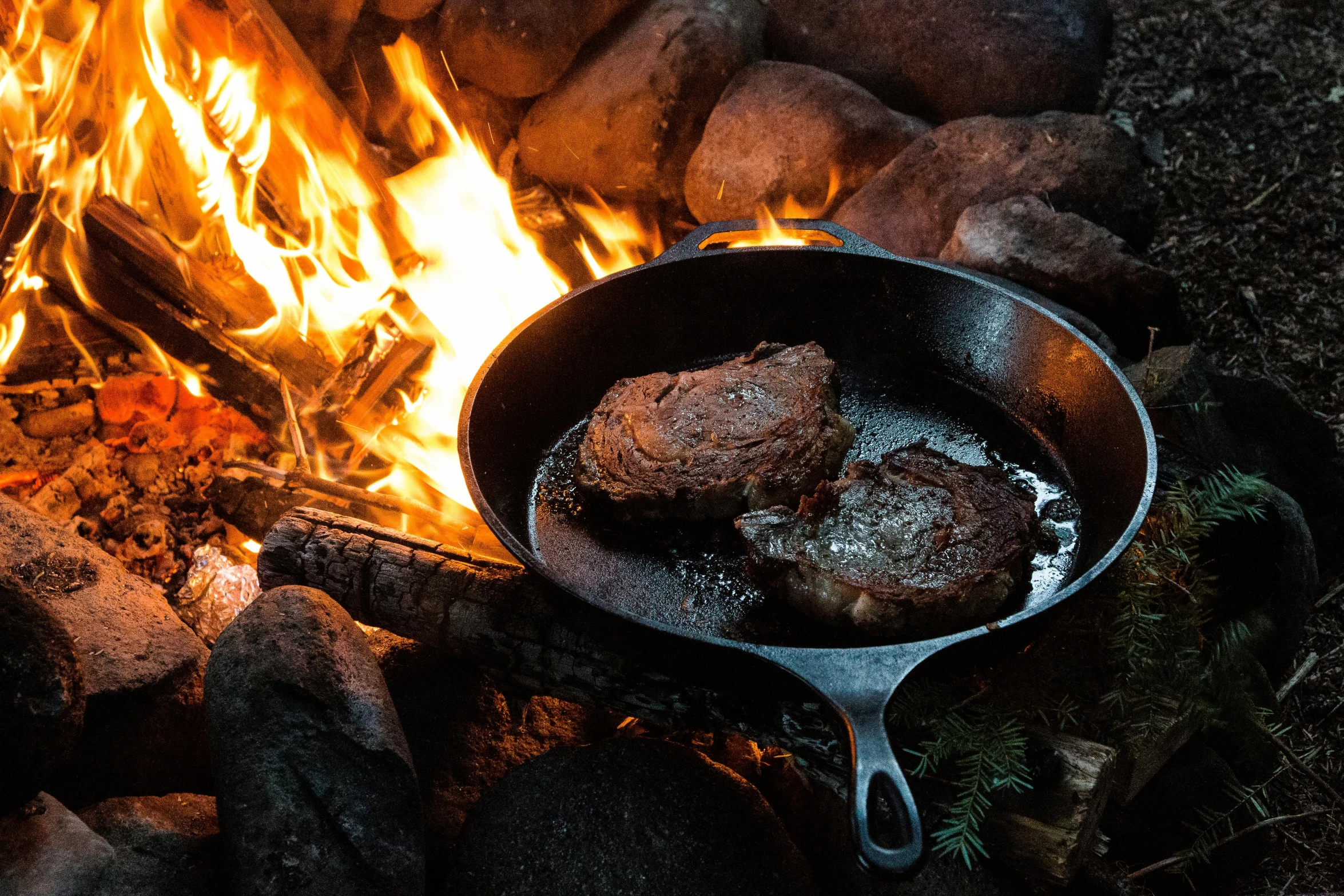 a cast iron skillet sitting on top of a fire, by Matt Cavotta, pexels contest winner, eating meat, slide show, rear-shot, minn