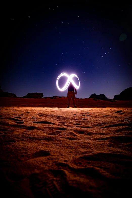 a person standing in the middle of a desert, lightpainting, infinity symbol, with sparking circuits, behance lemanoosh