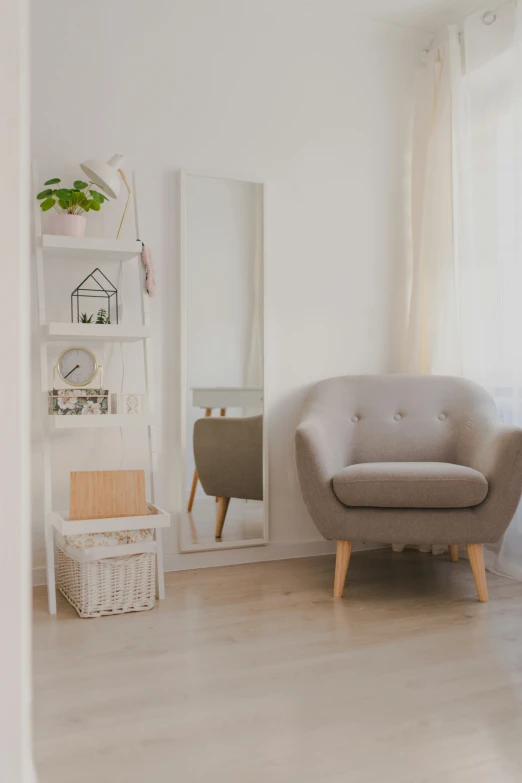 a living room filled with furniture and a mirror, pexels contest winner, minimalism, in a comfortable chair, white background, shelves, product introduction photo