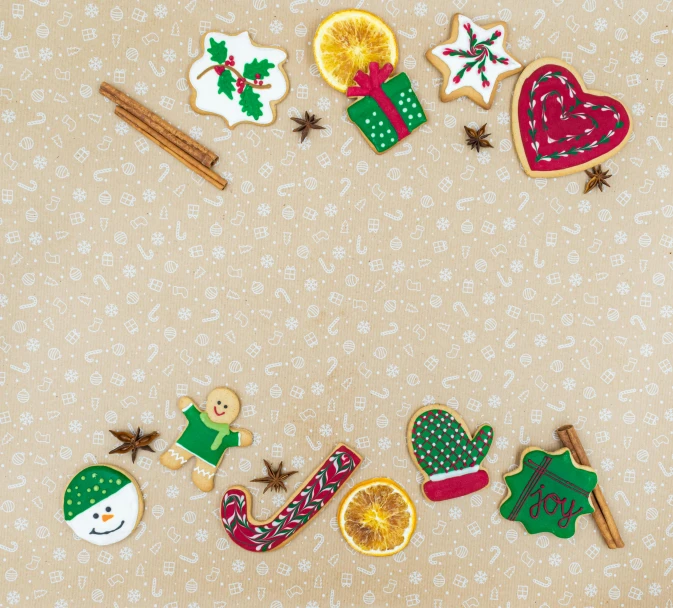 christmas cookies arranged in a circle on a table, naive art, beige, thumbnail, fabrics, borders