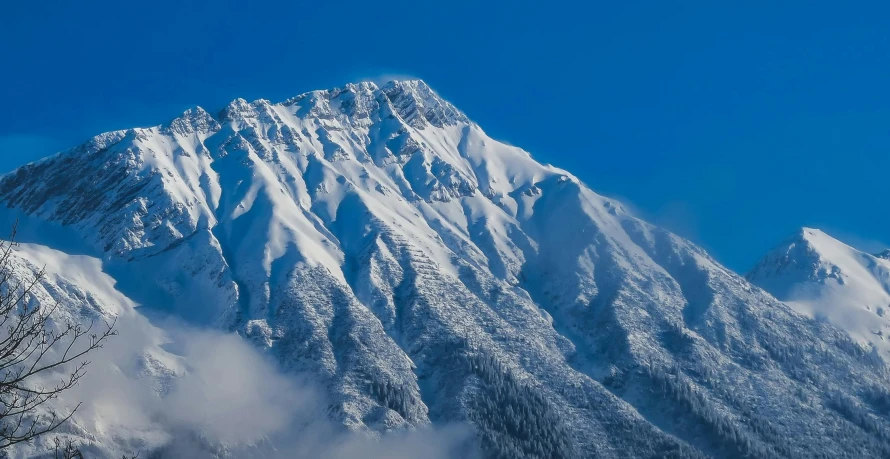 a snow covered mountain with trees in the foreground, by Jay Hambidge, pexels contest winner, clear blue sky, mount olympus, towering, subtle detailing