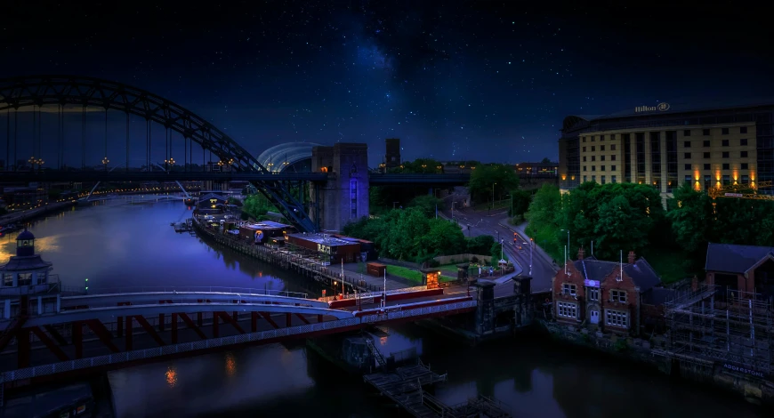 a bridge over a body of water at night, a matte painting, by Dan Smith, pexels contest winner, hull, high view, peter guthrie, blue hour stars
