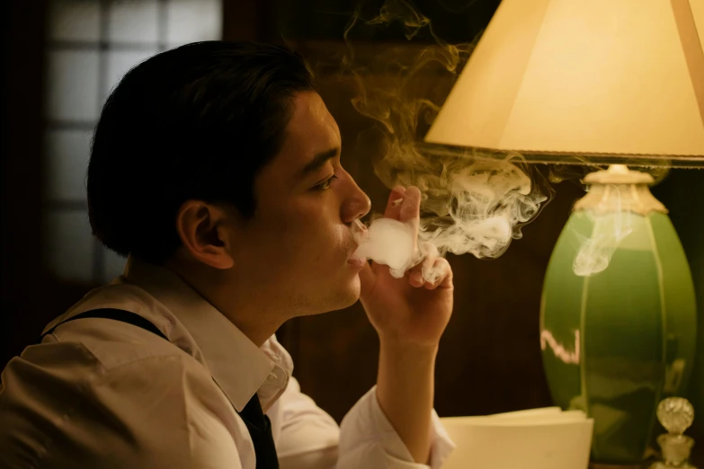 a man smoking a cigarette next to a lamp, inspired by Hideyuki Kikuchi, pexels contest winner, shin hanga, speakeasy bar background, hunter biden smoking crack, film movie still, blowing out smoke