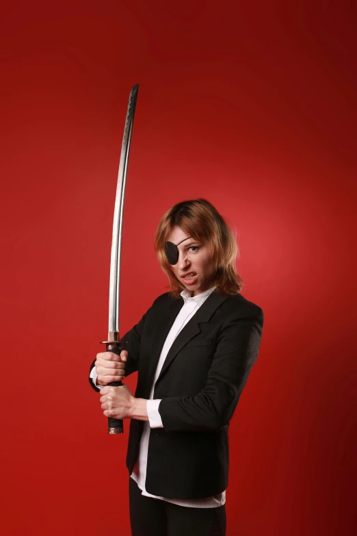 a woman in a business suit holding a sword, an album cover, inspired by Kanō Sanraku, unsplash, eyepatch, sam hyde, high quality photo, modeled