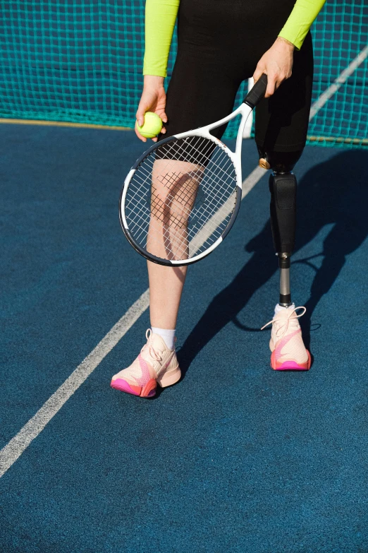 a woman holding a tennis racquet on a tennis court, by Anna Findlay, prosthetic leg, multicoloured, square, sneaker