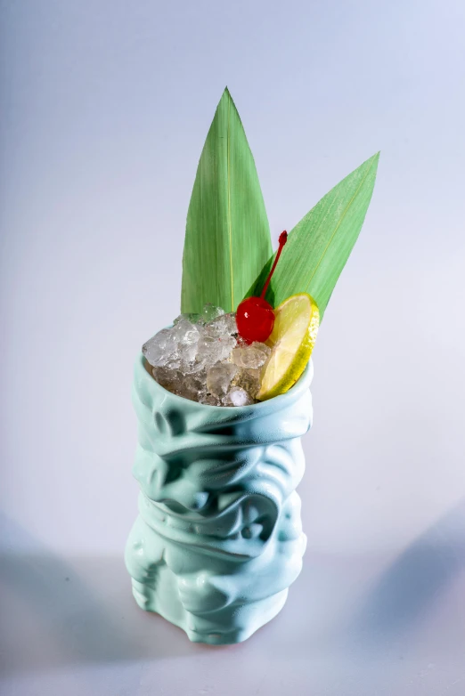 a close up of a vase with a drink in it, fronds, iceberg, teal cloth, full size persona
