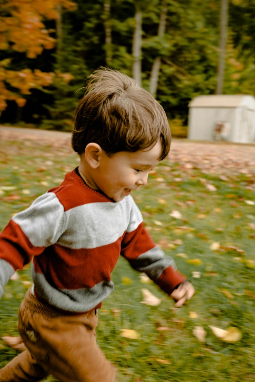 a young boy running in the grass with a frisbee, a picture, pexels contest winner, red sweater and gray pants, 1 9 7 0 s analog video, fall foliage, mini model