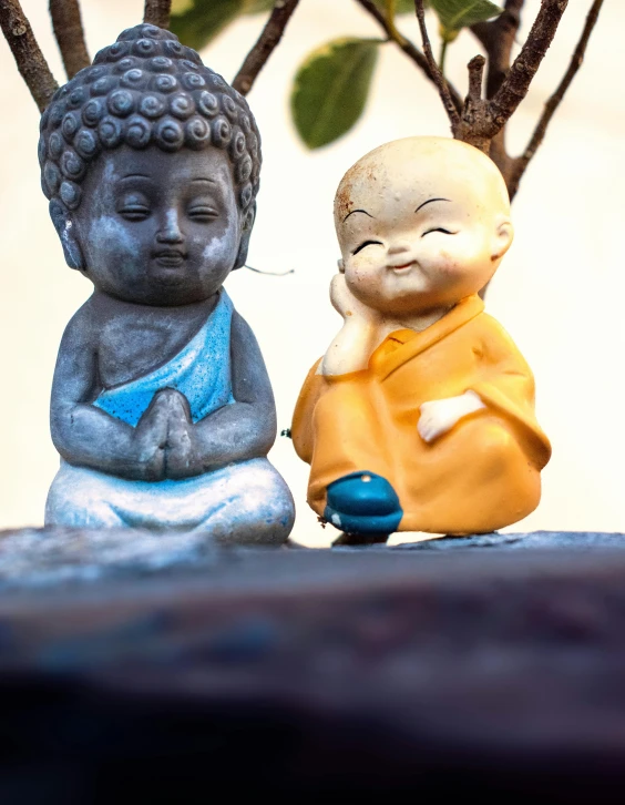 a couple of figurines sitting next to each other, a statue, by Dan Content, unsplash, cloisonnism, fisting monk, super cute and friendly, low quality photo, coloured photo