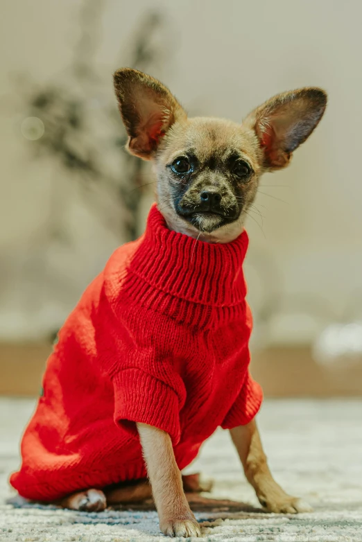 a small dog wearing a red sweater, photo of a model, zoomed out shot, premium, thumbnail