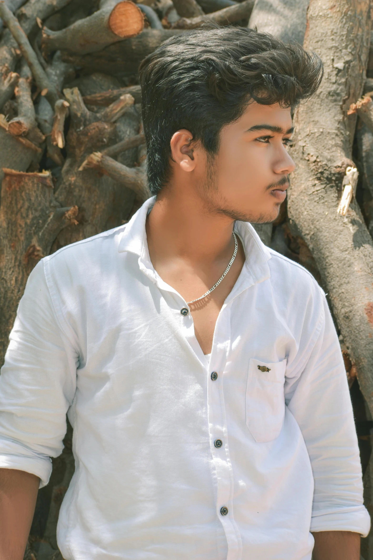 a man standing next to a pile of logs, a picture, inspired by Saurabh Jethani, renaissance, wearing a white button up shirt, cute young man, ((portrait)), shady look