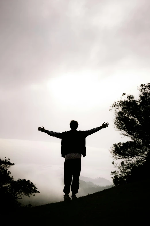 a man standing on top of a hill with his arms outstretched, by Lucia Peka, pexels contest winner, romanticism, clear silhouette, in spain, shrugging arms, over the tree tops