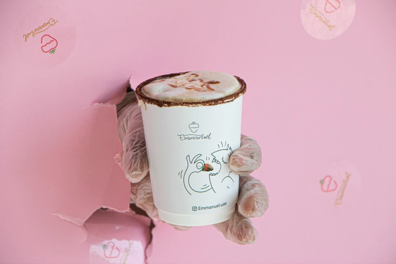 a teddy bear holding a cup of coffee, an album cover, by Emma Andijewska, conceptual art, paper cup, covered with pink marzipan, dreamworld, bump in form of hand