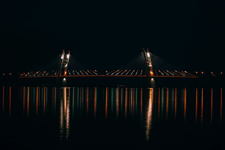 a bridge over a body of water at night, pexels contest winner, minimalism, guwahati, symmetrical artwork, listing image, fan favorite