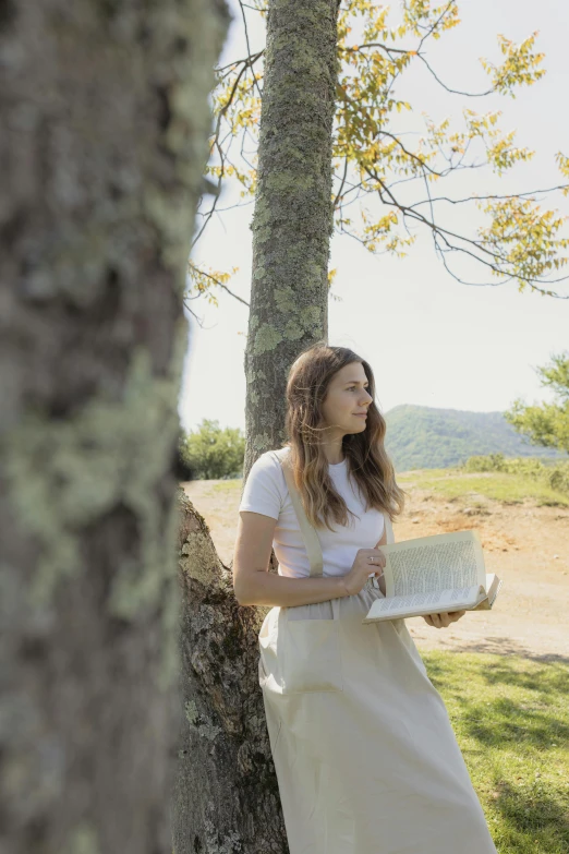 a woman standing next to a tree holding a laptop, an album cover, inspired by Andrew Wyeth, pexels contest winner, elizabeth olsen, wearing white dress, carrying a tray, mountainside