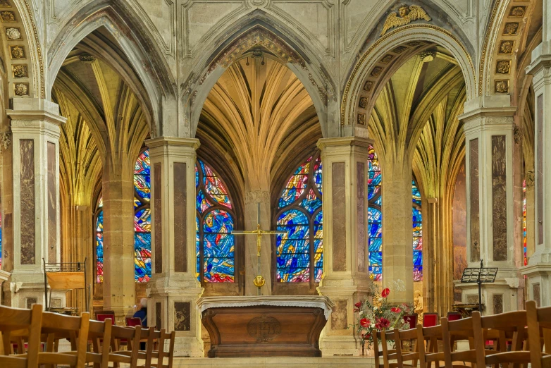 a church filled with wooden pews and stained glass windows, by Villard de Honnecourt, romanesque, cathedral background, lpoty, painted marble sculptures, photo for magazine