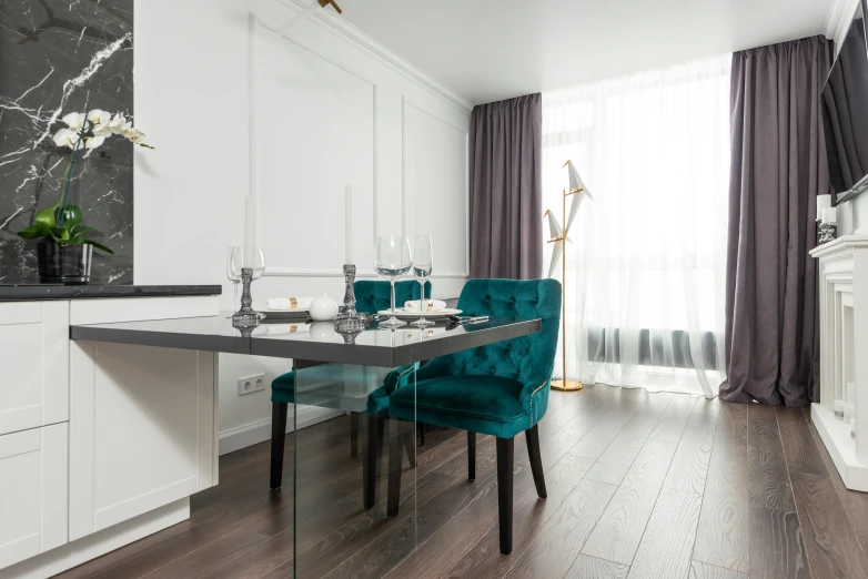 a dining room with a table and chairs, by Adam Marczyński, white and teal metallic accents, neo kyiv, wooden parquet, high quality image