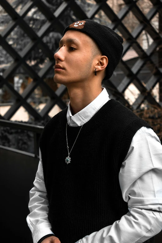 a man in a black vest and a white shirt, trending on pexels, renaissance, rapper jewelry, male teenager, 90's photo, profile image