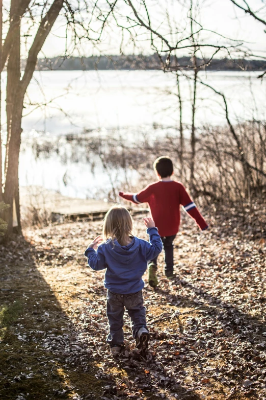 a couple of kids that are standing in the dirt, near a lake, walking through a forest, winter sun, running