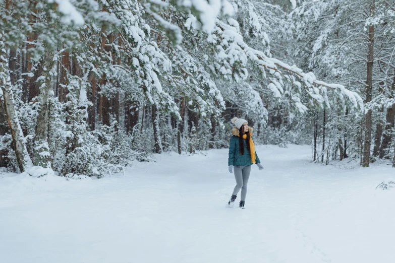 a woman walking through a snow covered forest, pexels contest winner, sports clothing, avatar image, holiday, full shot photograph