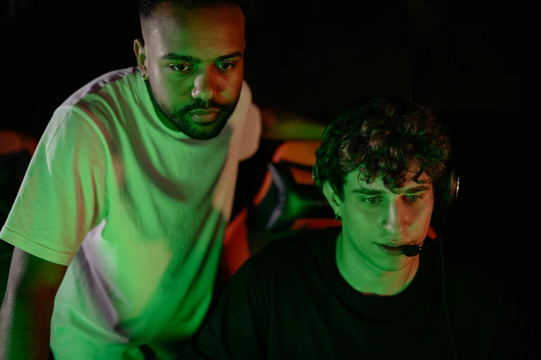 a couple of men standing next to each other, red and green lighting, bladee from drain gang, profile picture 1024px, sitting down