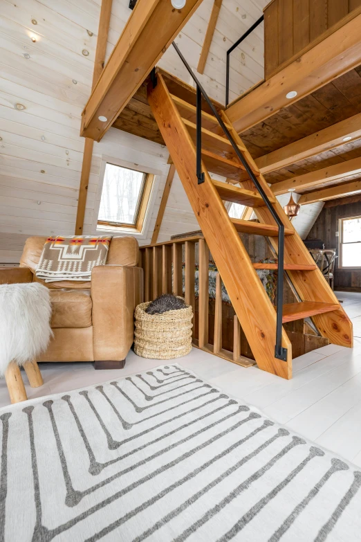 a living room filled with furniture and a wooden staircase, by Julia Pishtar, cozy treehouse bedroom, new hampshire, profile image, studio photo