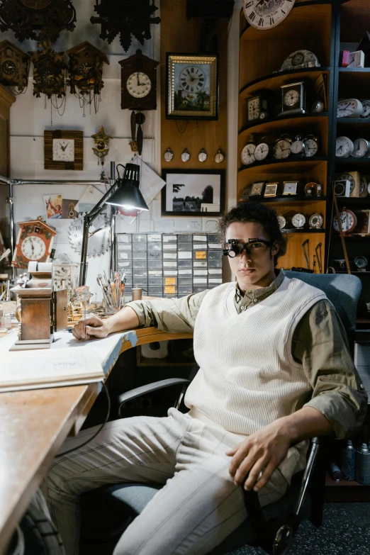 a man sitting at a desk in front of a computer, a portrait, inspired by Eugene Leroy, reddit, wearing victorian brass goggles, taken with kodak portra, yuya nagai, jaquet droz