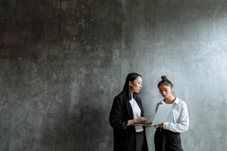 two women standing next to each other looking at a laptop, trending on pexels, renaissance, background image, asian female, woman in black business suit, grungy