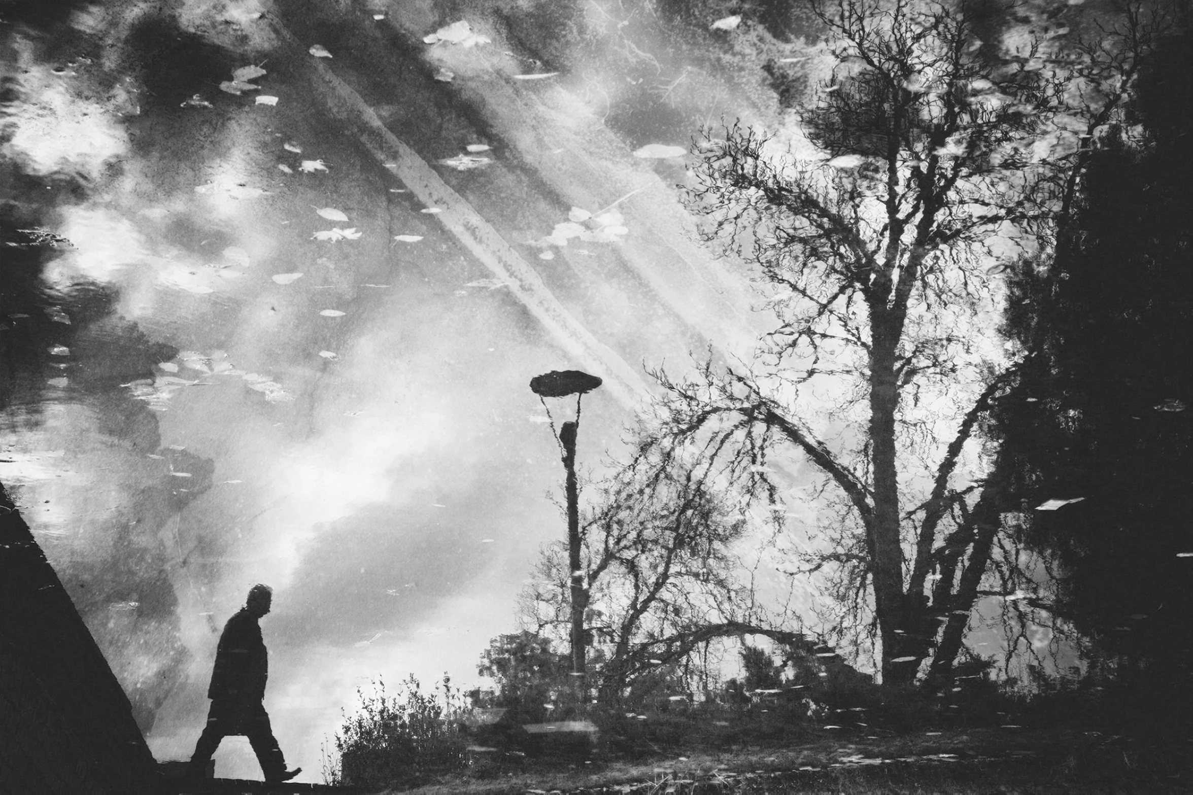 a black and white photo of a person walking in the rain, inspired by Sergio Larraín, surrealism, marvellous reflection of the sky, ufos, ❤🔥🍄🌪, old photo of a creepy landscape