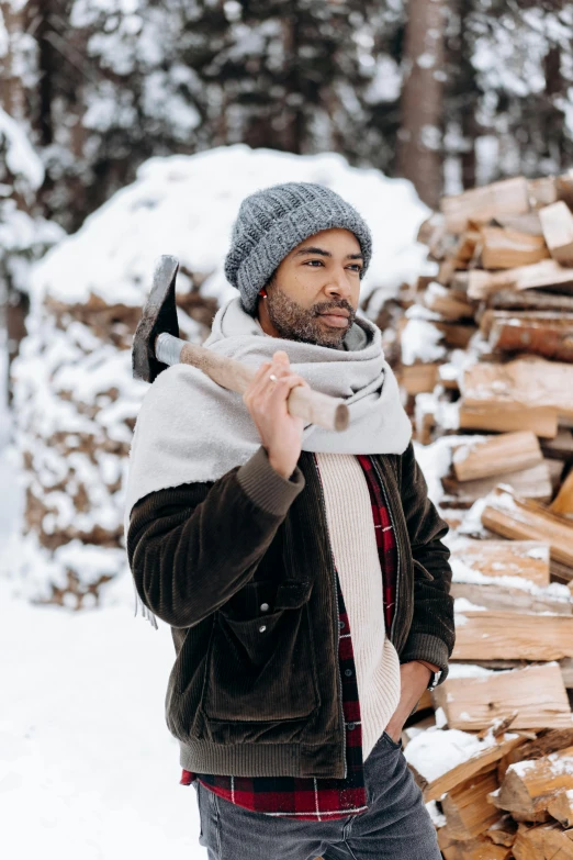 a man standing in front of a pile of wood, white scarf, heavy winter aesthetics, with axe, 2019 trending photo