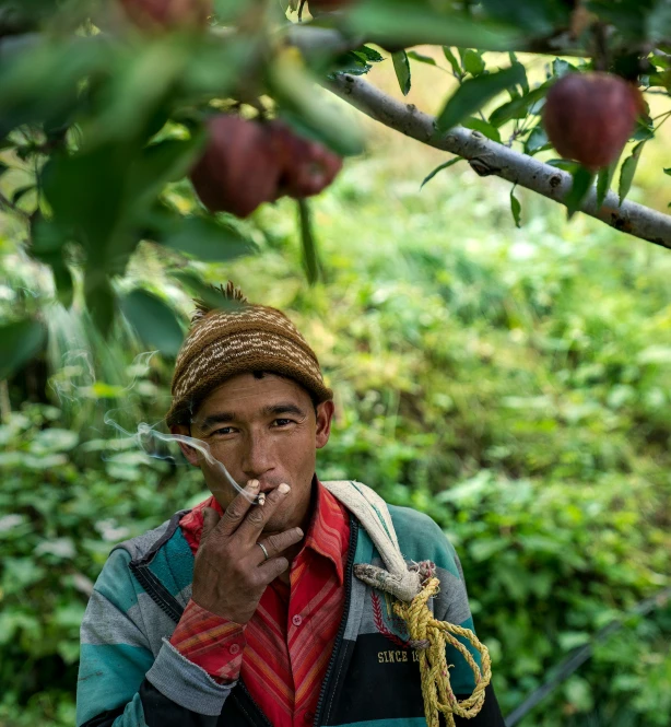 a man standing under a tree smoking a cigarette, by Peter Churcher, sumatraism, with apple, nepal, 8 k ), full frame image