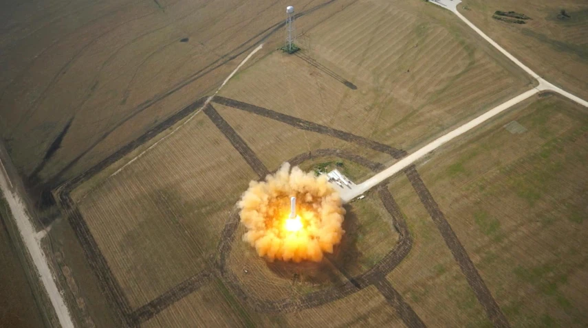 a large explosion in the middle of a field, happening, launching to space, overhead birdseye view, spacehip lands, promo image