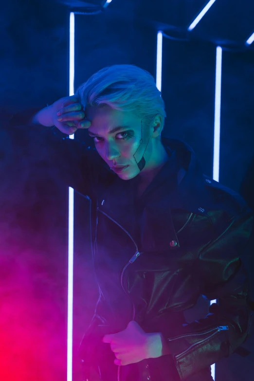 a woman standing in front of neon lights, inspired by Elsa Bleda, trending on pexels, attractive androgynous humanoid, white haired lady, photograph of a techwear woman, concert