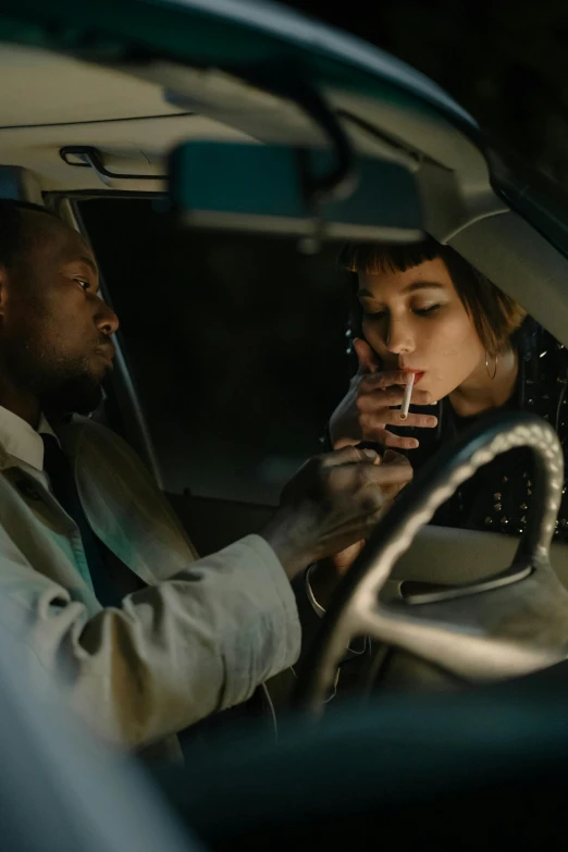 a man and a woman smoking in a car, noire moody scene, instagram picture, girlboss, full color still