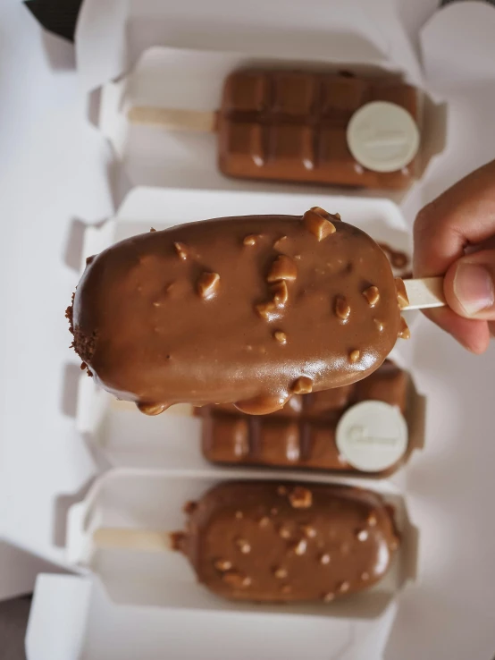 a person holding a chocolate covered ice cream on a stick, various sizes, caramel, thumbnail, manila