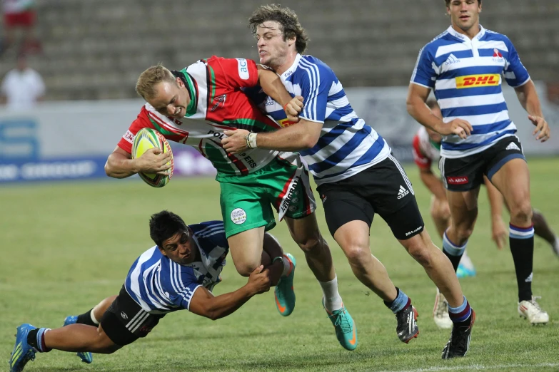 a group of men playing a game of rugby, blue and green and red tones, greg rutkowski and jakub rebelka, racing, in sao paulo